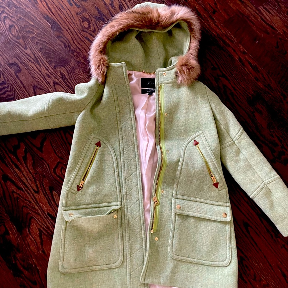 Jcrew Light Green midi faux fur winter coat